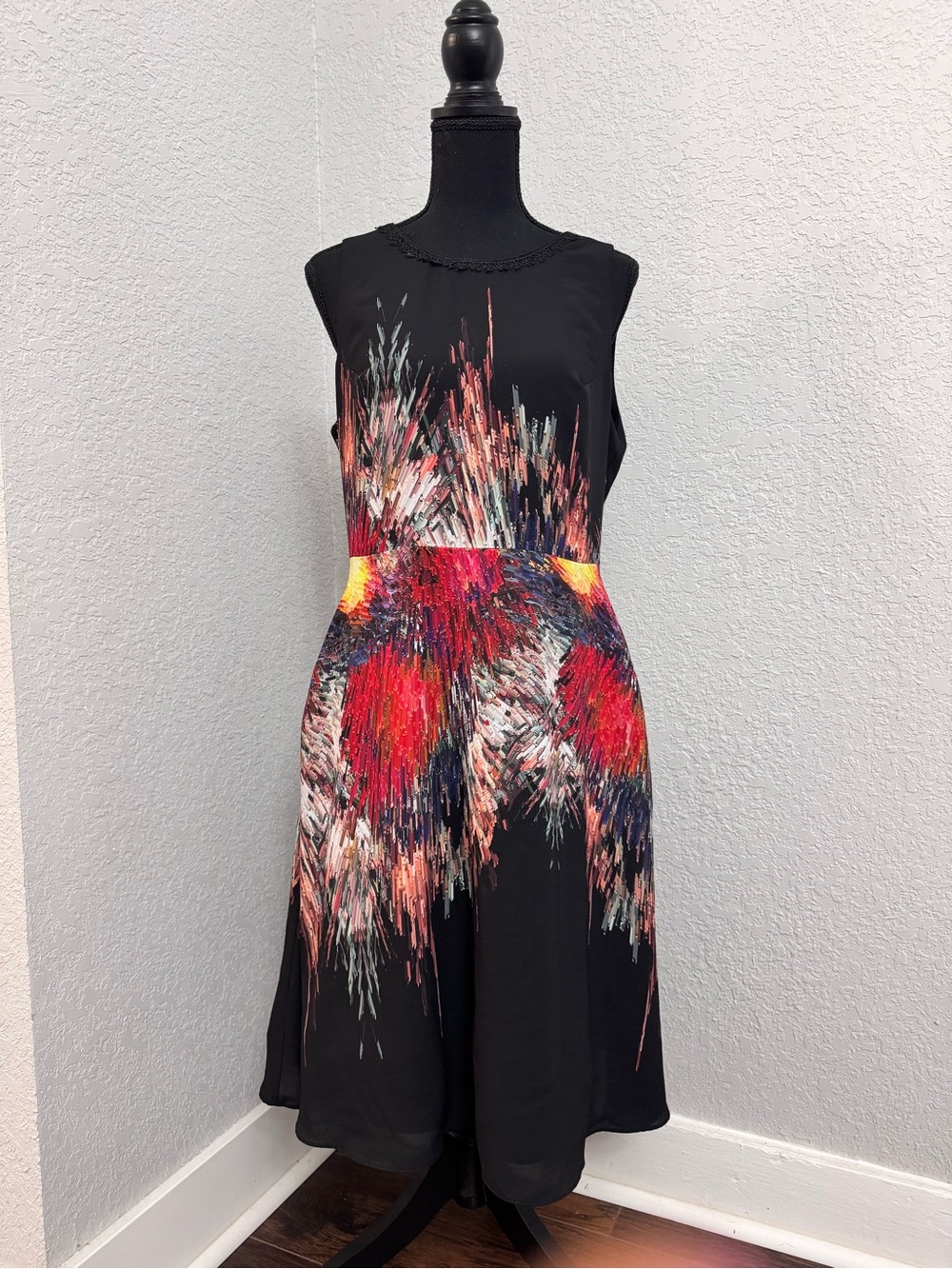 julia jordan Black Midi Dress with Red and Yellow Burst Print